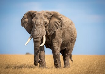 A large african elephant standing in a field of tall grass under a bright blue sky in the daytime
