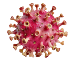 Virus cell red spiky microorganism isolated on transparency background detailed 3D render medical science concept infectious disease health risk close up realistic texture