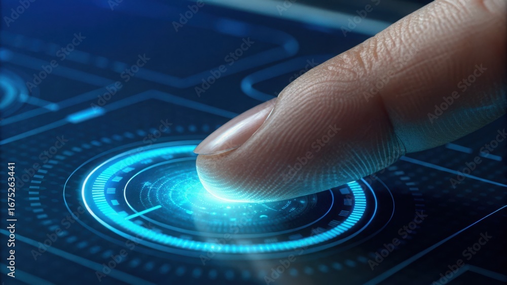 Poster macro view of finger touching digital interface with glow effect