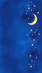 Naklejka premium Crescent Moon and Cascading Stars on Deep Blue Background, Celestial Night Sky with Glittering Sparkles and Dreamy Texture