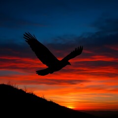 Fototapeta premium Majestic eagle soars across a vibrant sunset sky, embodying freedom and power for inspiring nature, travel and conservation campaigns