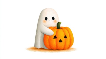 Whimsical Watercolor Illustration of a Ghost Embracing a Carved Pumpkin