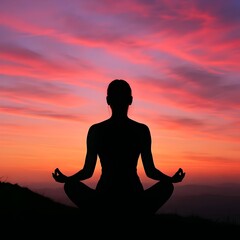 Find your inner peace with this stunning silhouette of a woman in lotus position against a vibrant sunset sky, perfect for wellness campaigns