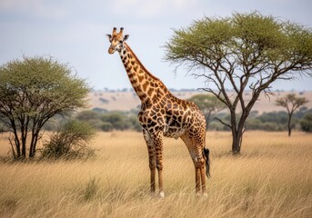 Fototapeta premium Giraffe standing tall in the african savanna with trees and grass under a bright sky day landscape