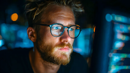 Focused man with glasses looking at computer screen displaying coding informatio