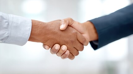 Business Partners Shaking Hands in Office Setting with Neutral Background