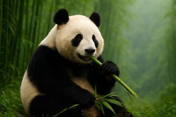 Obraz premium Adorable panda munching on bamboo shoots in its lush green habitat, a conservation success story showcasing endangered species and nature's beauty