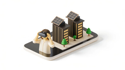 Exploring virtual sustainability, teenager uses VR headset to engage with high fidelity urban architecture and eco friendly designs