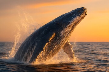 Fototapeta premium Majestic humpback whale breaching ocean surface at sunset, a stunning wildlife spectacle showcasing nature's power and grace, ideal for conservation projects