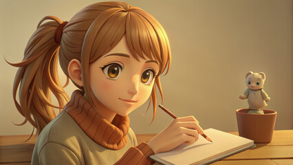 Young girl is drawing sketchbook, showcasing her creativity and focus. warm lighting enhances cozy atmosphere, while cute figurine adds charm to