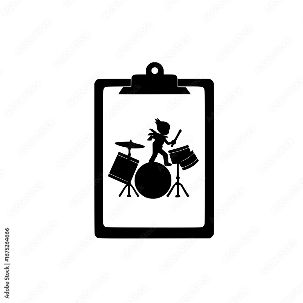 Poster drumming icon inside clipboard representing music performance tracking and practice session log