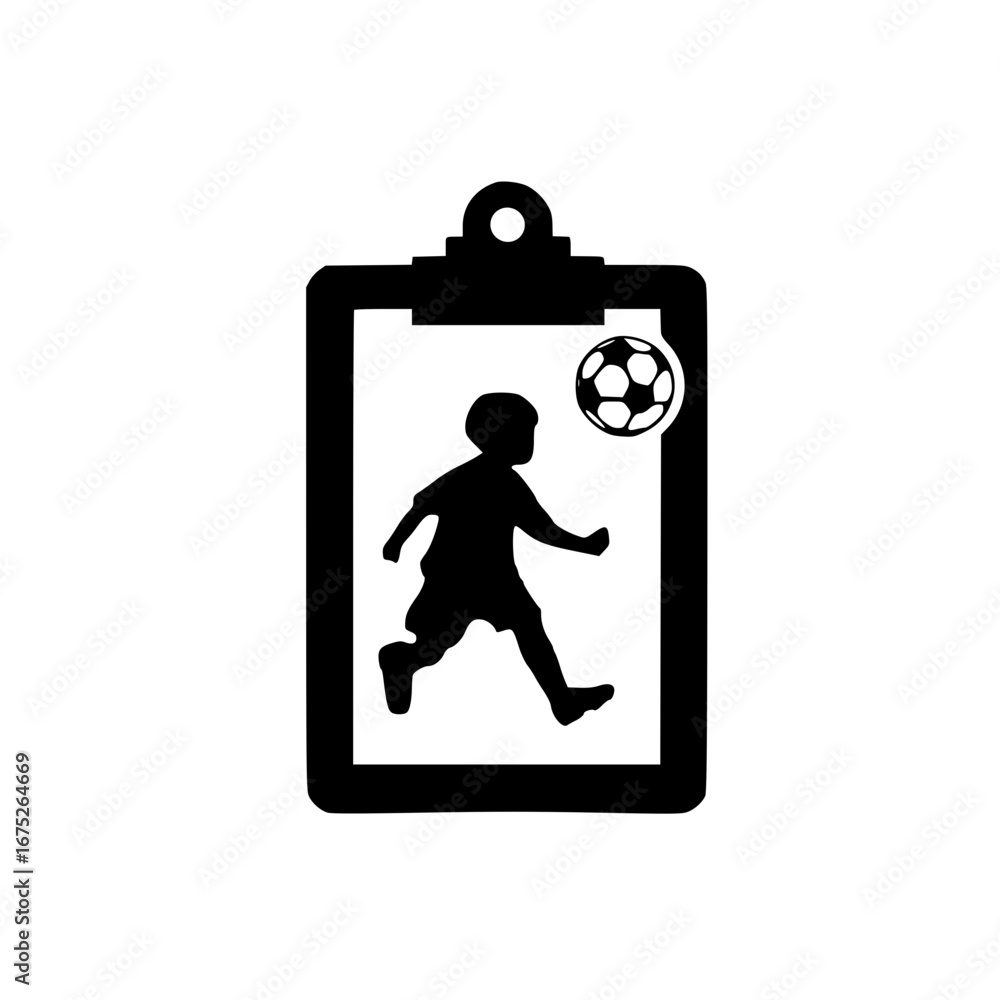 Poster clipboard graphic with soccer player icon showing fitness monitoring and match performance records
