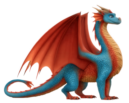 Blue and orange dragon fantasy creature with detailed scales, large wings, and playful expression, standing upright in mythical style, isolated on transparency background