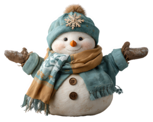 Cheerful snowman wearing teal hat and scarf, decorated with snowflake ornament, carrot nose, button eyes, and stick arms, festive winter holiday decoration, isolated on white