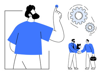 Man activating creative process with button alongside two professionals discussing ideas and shaking hands. Ideal for partnership, teamwork, technology, business strategy, progress, innovation