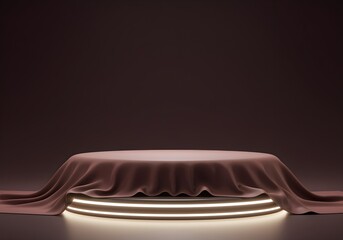 Mysterious mauve silk draped over illuminated two-tiered pedestal;  elegant, suspenseful product reveal backdrop.