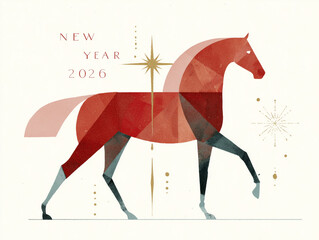 Geometric illustration of a horse in warm orange tones with the greeting "Happy New Year 2026."
