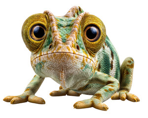 Cartoon chameleon funny reptile big eyes green skin yellow spots cute animal isolated transparency background digital illustration playful expression