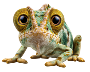 Cartoon chameleon funny reptile big eyes green skin yellow spots cute animal isolated transparency background digital illustration playful expression