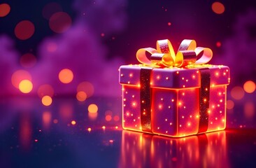 Transparent shiny neon purple giftbox