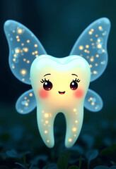 Luminous tooth fairy with a cute face, transparent flickering wings, and glowing magical sparks

