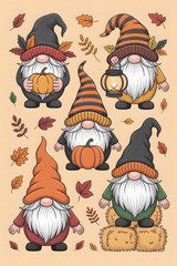 Colorful autumn gnomes with pumpkins and lanterns celebrating fall festivities in a vibrant illustration