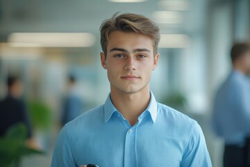 Portrait of a serious young man standing in the office, wearing a blue shirt, holding a phone in his hand, and looking confidently into the camera, reflecting professional assurance, Generative AI