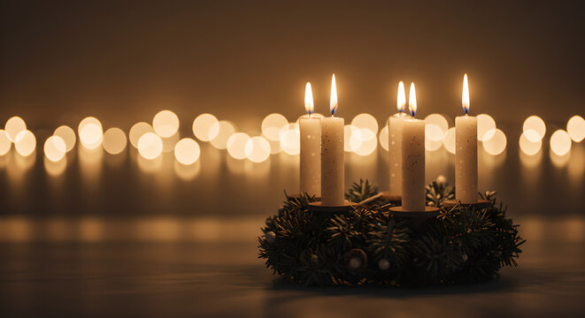 Peaceful Advent Wreath with Four Lit Candles Glowing Amidst Warm Golden Bokeh Lights.