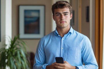 Portrait of a serious young man standing in the office, wearing a blue shirt, holding a phone in his hand, and looking confidently into the camera, reflecting professional assurance, Generative AI