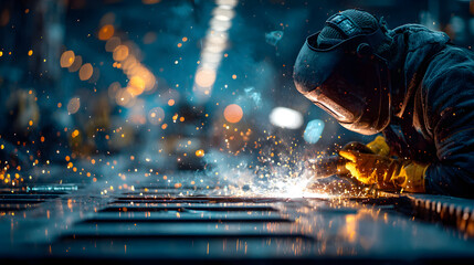 Welder in action sparks flying during the welding process in a workshop setting