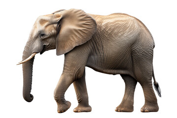 Obraz premium Large adult elephant walking gracefully on a transparent background while showcasing its majestic features and impressive trunk in a natural pose