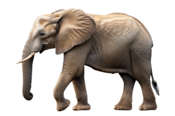 Large adult elephant walking gracefully on a transparent background while showcasing its majestic features and impressive trunk in a natural pose