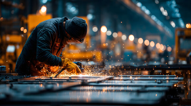 A welder using equipment to work with metal in a workshop
