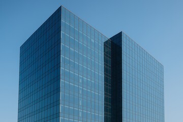 Skyscraper under the Blue Sky: A sleek, modern skyscraper, reflecting the vast expanse of a cloudless azure sky, represents urban progress and architectural innovation.