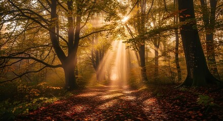 Sunbeams pierce through autumnal forest, illuminating a path amidst golden leaves and ancient trees.