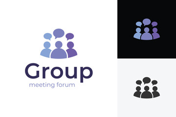 Obraz premium Group Meeting Forum Logo Design with People and Chat Bubble Symbol for Community, Discussion, and Communication Graphic Illustration