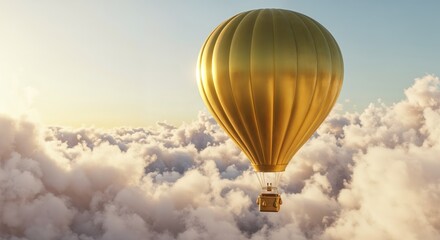 Fototapeta premium Golden Ascent: A golden hot air balloon floats serenely among the fluffy clouds. evoking a sense of adventure, aspiration, and upward mobility.