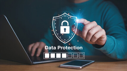 Person securing digital data with shield and lock icon, modern cybersecurity concept