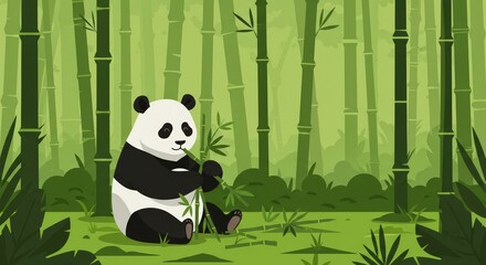 A cartoon panda sitting and eating bamboo shoots in a dense bamboo forest illustration scene backdrop
