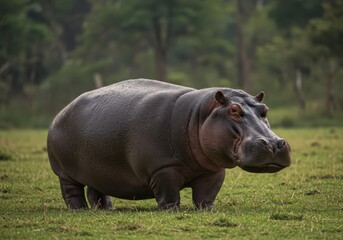 A hippopotamus standing in a grassy field with trees blurred in the background on a cloudy day outdoors
