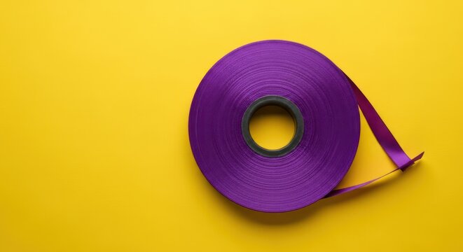 Vibrant Purple Ribbon Roll on Yellow Background: Bold Color Contrast and Minimalist Design