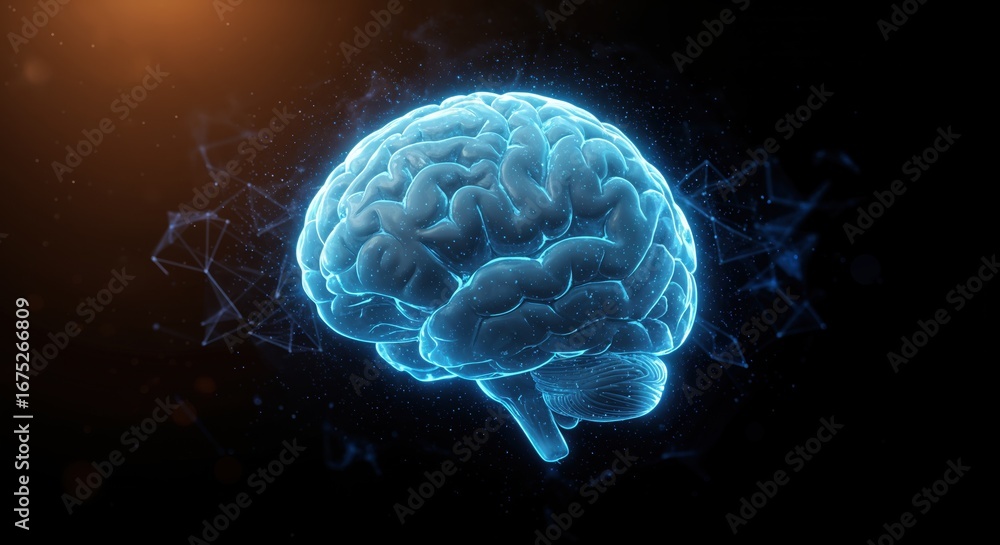 Poster brain's neural network: an ethereal rendering of a human brain, illuminated with vibrant blue light,