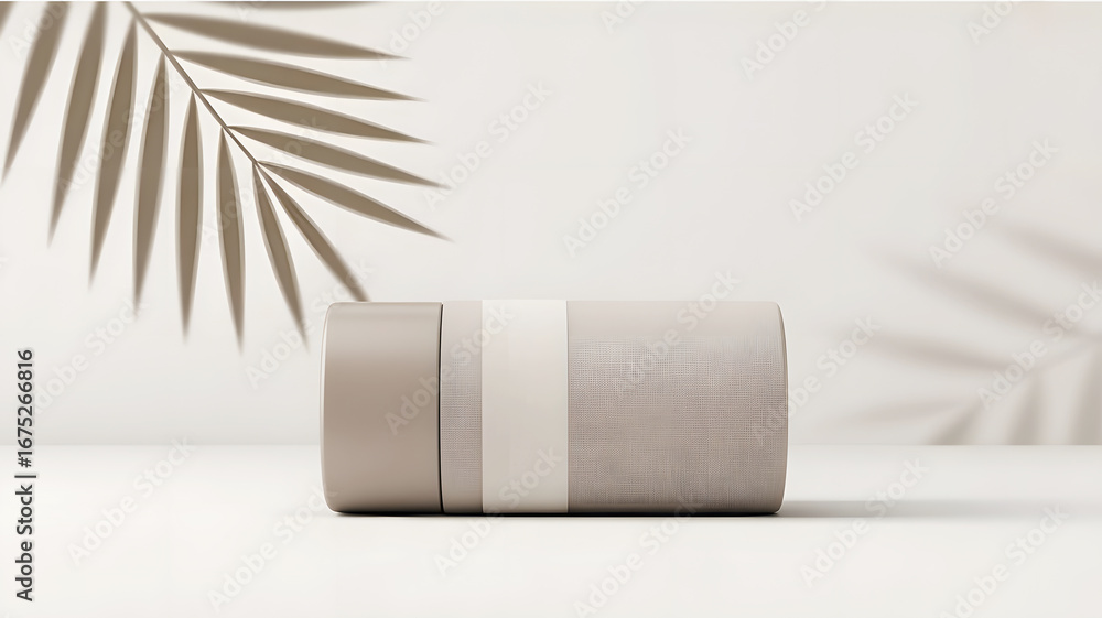 Poster modern minimalist container resting on a surface surrounded by soft shadows from palm leaves
