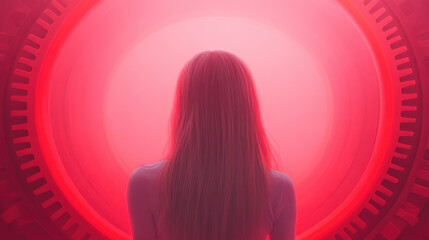 back view of woman standing looking glowing red circle