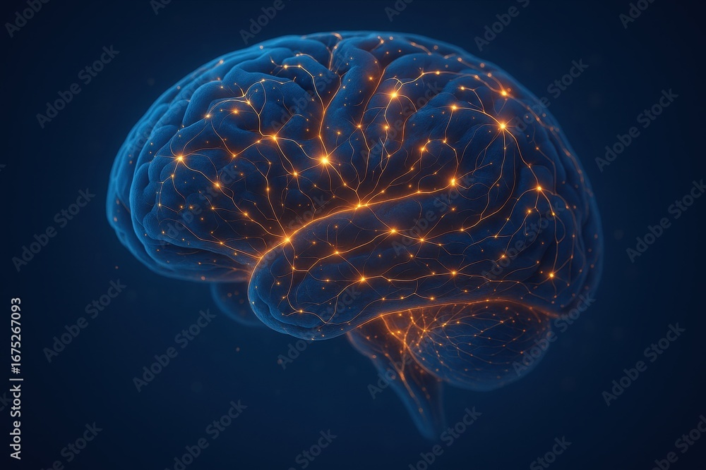 Poster illuminated neural pathways: a luminous illustration of a human brain, with its intricate network of