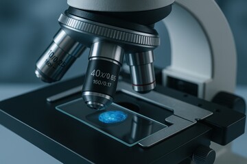 Microscope Close-up: A high-angle shot of a powerful microscope focuses on a glass slide illuminated with a glowing substance, a symbol of scientific inquiry and discovery.
