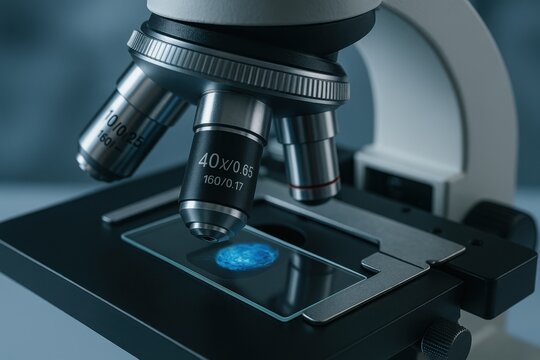 Microscope Close-up: A high-angle shot of a powerful microscope focuses on a glass slide illuminated with a glowing substance, a symbol of scientific inquiry and discovery.