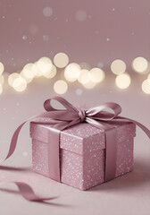 Fototapeta premium Luxurious pink gift box with shimmering glitter and a satin bow, surrounded by festive golden bokeh lights.