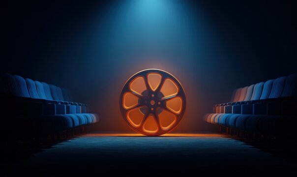 Vibrant photo of blue and orange film reel is centered in an empty movie theater, glowing with warm light against a dark background. the film reel is detailed with visible.