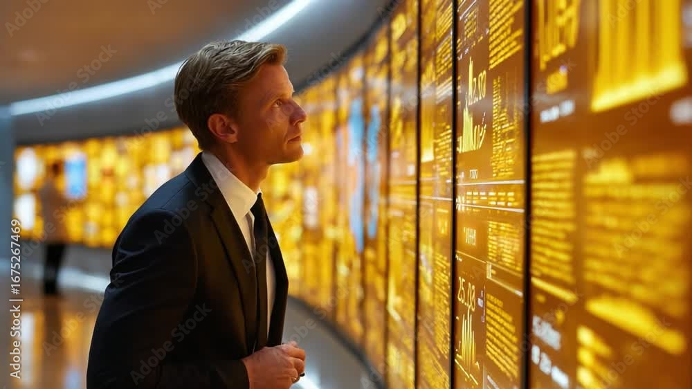Poster focused executive: a determined professional scrutinizes complex data visualizations displayed on a 